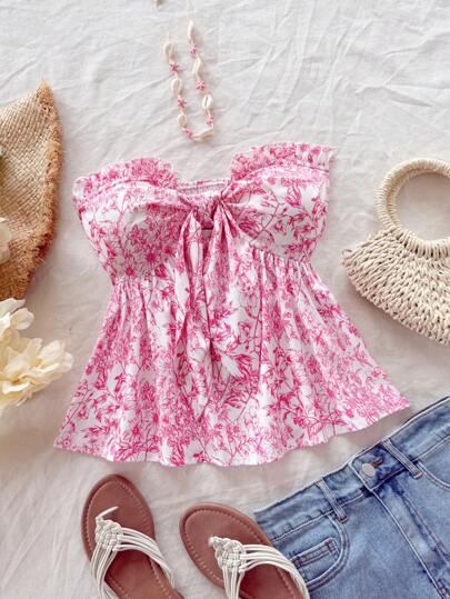 Soleia Semester Casual Blommig Allover Print Tie Front Volanger Fåll Axelbandslös Crop Top Babydoll Top