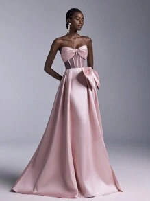 Elitara 优雅浪漫粉色奢华缎面胸部一体式大蝴蝶结装饰胸罩杯高腰性感高开叉婚礼宾客礼服，适合约会单身派对毕业典礼婚礼活动厚重晚礼服、礼服、晚礼服 - 粉色 - 查看 6