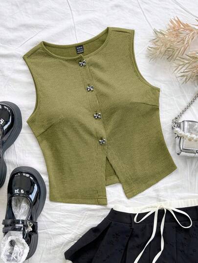 Soleia Women's Green Jacquard Knit Tank Top With Butterfly Buttons Decoration And Side Slit,New Years Women ,Winter Clothes For Women,Birthday For Women,Western Wear Women,Holiday Party Top