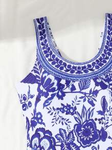 SHEIN 2pcs/Set Teen Girls One-Piece Random Floral Printed Swimsuit - Blue and White - View 4