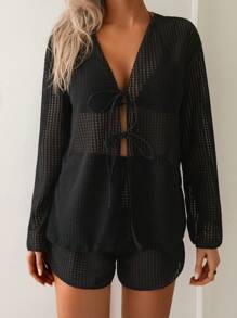 2pcs Women's Holiday Textured Fabric Bowknot Swimsuit Cover Up Set Summer