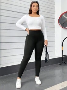 SHEIN Essnce Plus Size Women's Spring And Summer Fashion Casual Comfortable Daily High Elastic Black Slim Fit With Pocket Leggings,Spring Outfits,Women Bottom,Airport Outfit For Women,Curve Pants,Streetwear For Women,Going Out Outfits