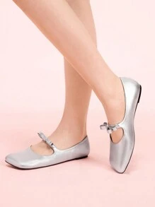 CUCCOO DOLLMOD Women's Cute Minimalist Flat Shoes With Oblique Square Toe, Silver Color, Bowknot Decor Valentine's Day
