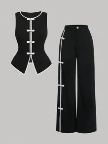 SHEIN Clasi 女款春夏优雅黑白撞色单排扣背心衬衫+女款春夏优雅黑色侧扣设计直腿裤 - 黑色 - 查看 1