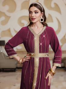 Layrah Women's Long Sleeve Arabic Traditional Decorated Dress Kaftan Jalabiya Dress - Rose Red - View 1