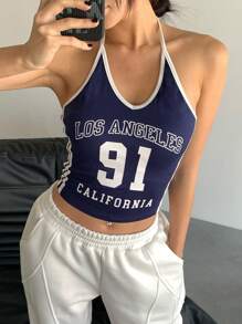 StreetHx 女士街头时尚休闲拼色洛杉矶图案 91 号细肩带背心 - 藏蓝色 - 查看 7