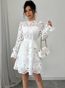 Elenzga Women's Solid Color Minimalist Casual Daily Wear Short Dress - White - View 4