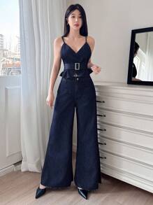 DAZY 女士 V 领交叉吊带背心 + 阔腿牛仔裤两件套 - 深色水洗藍 - 查看 1