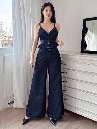 DAZY 女士 V 领交叉吊带背心 + 阔腿牛仔裤两件套
