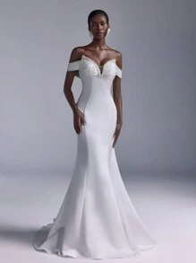 SHEIN Belle Vestido Longo Elegante e Luxuoso de Cetim Creme Franzido com Cauda de Sereia, Adequado para Casamentos, Festas, Feriados, Galas e Eventos Formais - Bege - Visão 5