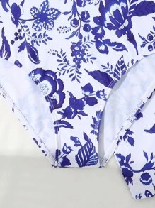 SHEIN 2pcs/Set Teen Girls One-Piece Random Floral Printed Swimsuit - Blue and White - View 3