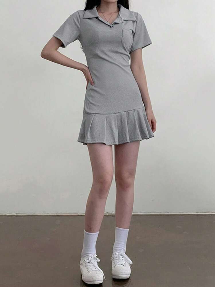 Women Casual Solid Color Pleated Hem Short Dress Sundress,Mini Dress