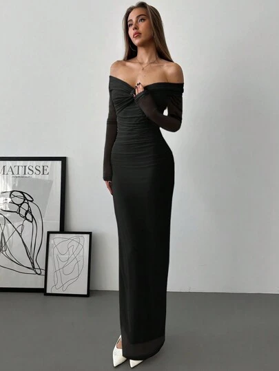 Aloruh 露肩网眼扭褶修身连衣裙，浪漫约会，长袖