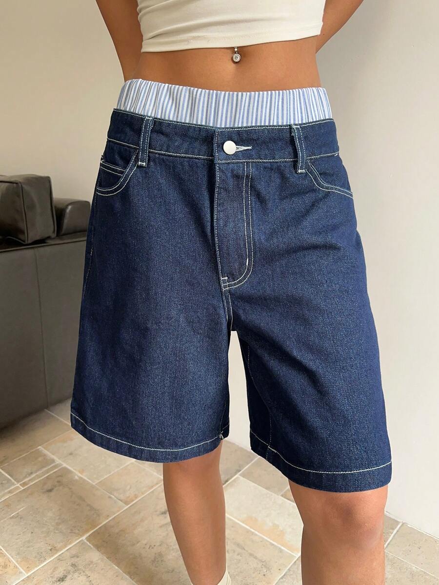 SHEIN EZwear 女式牛仔短裤，休闲修身腰带拼接设计，蓝色，圣帕特里克节