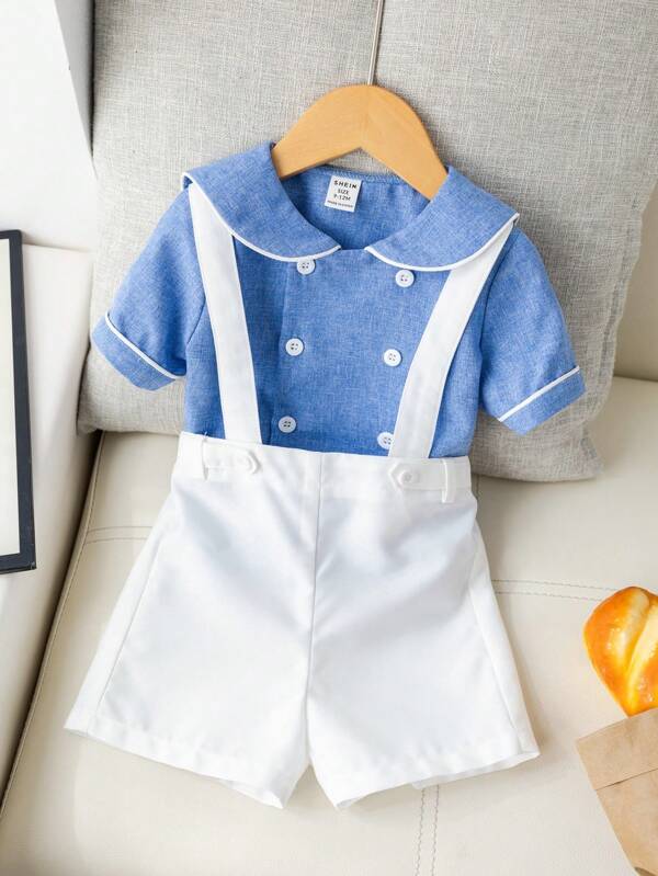 SHEIN Leap Crew 2pcs/Set Baby Boy Colorblock Sailor Collar Short Sleeve Button-Up Shirt And Bib Shorts Set