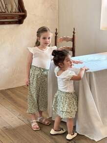 SHEIN LMoss Kids 女婴 LMoss 夏季可爱针织上衣和碎花迷你裙 2 件套 - 白色 - 查看 5