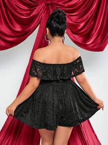 SHEIN ICON Plus Size Black Off Shoulder Ruffle Waisted Jumpsuit With Bowknot Decor, Date Night Off Shoulder Jumpsuit - Black - View 7