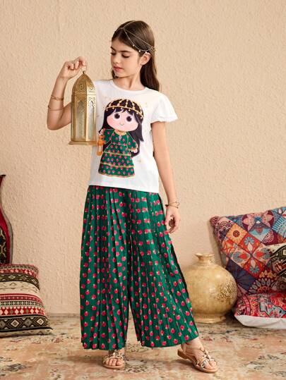 2 adet/takım Tween Kız Yuvarlak Yaka Kısa Kollu Grafik Baskılı Günlük Üst ve Pantolon