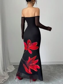 Elenzga Trägerloses figurbetont Fischschwanz-Saum französischer Stil Blumen elegantes Doppellagen Tüllkleid - Schwarz - Übersicht 2
