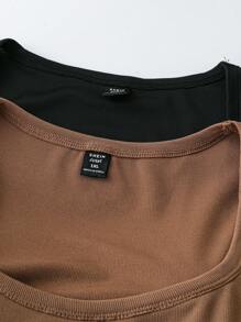 SHEIN LUNE 2pcs Plus Size Women Square Neck Ribbed Casual Versatile Camisole