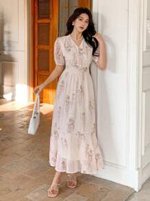 DAZY Women's Elegant Flower All-Over Embroidered Puff Sleeve Dress Sundress - Beige - View 4