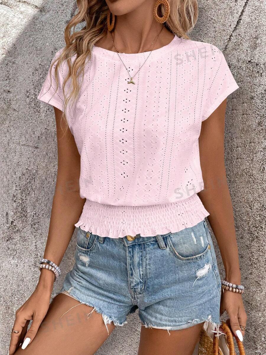 EMERY ROSE Camiseta de cuello redondo con tejido texturizado y cintura elástica