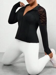 SHEIN Sport Studio Plus Size Branch & Mesh Contrast Thermische Gevoerde Lange Mouw Jas, Sportieve Stijl Voor Herfst/Winter
