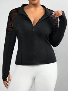 SHEIN Sport Studio Plus Size Branch & Mesh Contrast Thermische Gevoerde Lange Mouw Jas, Sportieve Stijl Voor Herfst/Winter