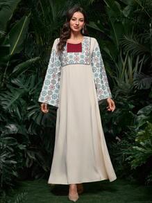 Al Najma Arabic New Spring/Summer Dubai Trumpet Sleeve Loose Long Dress, Pullover Round Neck Printed Dress, Kaftan & Jalabiya