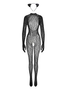 女士内衣服装 - 性感魅力，野猫网眼豹纹印花 - 黑色 - 查看 3