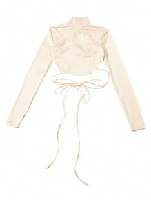 INAWLY Women Solid Color Long Sleeve T-Shirt, Minimalist Fashion Casual For Daily Wear Fall Cloth For Women - Apricot - View 2