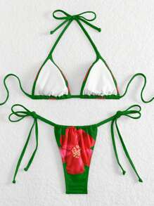 SHEIN Swim 带吊带上衣和内裤的独立泳衣，简单时尚，休闲，适合夏季海滩度假的日常穿着 - 彩色 - 查看 2