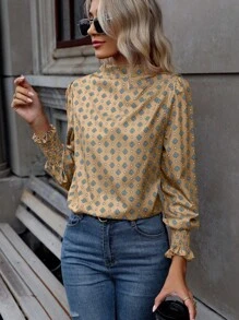 EMERY ROSE Áo cánh tay dài in họa tiết giả cổ bẻ xếp ly - Màu Khaki - Xem 6