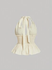 SHEIN MOD 大码前蝴蝶结和后系带轻质黄色女式吊带背心上衣夏季夏装女式上衣女式上衣衬衫 T 恤女式服装夏季上衣 - 杏色 - 查看 2