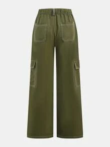 SHEIN Teen Girls 2pcs Set: Off Shoulder Simple Fitted T-Shirt & Olive Green Loose Cargo Pants, Outfit - Army Green - View 6