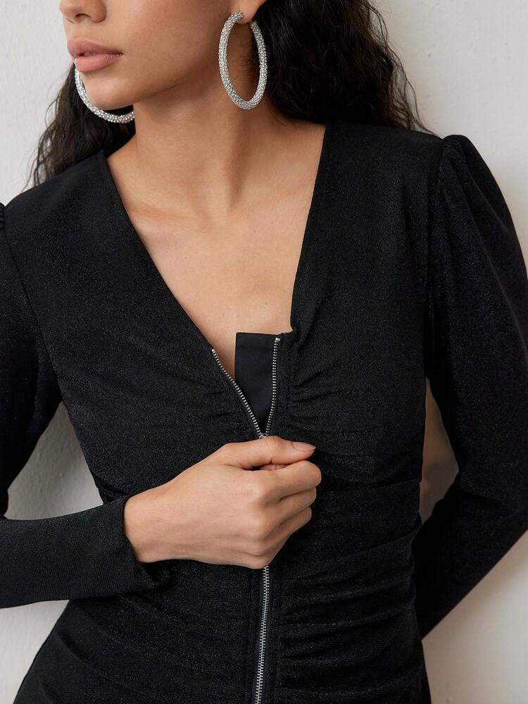 RUFFLE HEM RUCHED ZIPPER FRONT DRESS