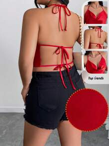 SHEIN Unity 1pc Spaghetti Strap Backless Strappy Plus Size Tank Top, Sexy Vacation Wear, Valentine Red & New Year - Red - View 2