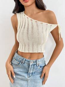 SHEIN Unity Fashion Casual Versatile Apricot Tie Strap Hollow Out Fitted Knit Sweater Top For Women, Spring - Apricot - View 3