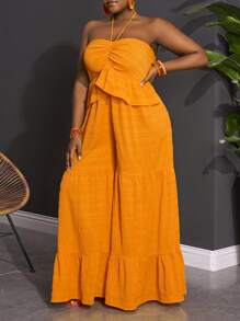 Slaydiva Plus Size Women Textured Flared Leg Jumpsuit For Vacation - Yellow - View 7