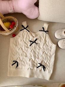 DAZY Suéter con decoración de lazo para niña preadolescente, ropa de vuelta al colegio, chaleco de ropa de otoño - Beis - Ver 4