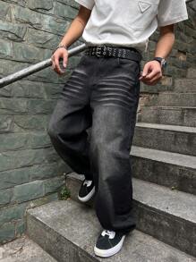 Manfinity Homme Men's Loose Fit Wide Leg Pockets Jeans