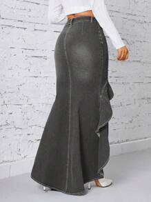 SHEIN Privé Women's Denim Ruffle Hem Patchwork Skirt - Dark Grey - View 2