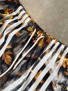 Manfinity EMRG Men's Leaf Print Contrast Striped Drawstring Waist Casual Shorts - Multicolor - View 4