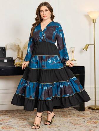 Modelyn Plus Size V-Neck Tie-Dye Splice Elegant A-Line Long Dress