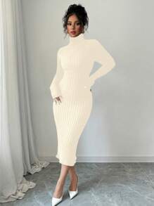 SHEIN Unity High Neck Fitted Knit Sweater Dress, Casual Solid Color, Autumn/Winter - Apricot - View 7