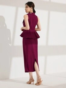 Modelyn Women's Elegant Lady Style Turndown Collar Single Breasted Ruffle Hem Cinched Waist Sleeveless Vest And Midi Bodycon Skirt 2 Pieces Set