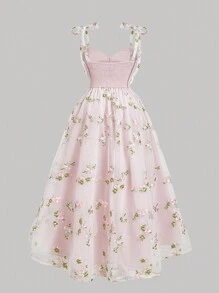 SHEIN MOD Plus Size Women Summer Long Dress With Mesh Embroidered Tie Strap And Cupped Bust,Beach Dress Sundress,Holiday Outfits Boho,Corset Dress,Birthday Dresses For Women