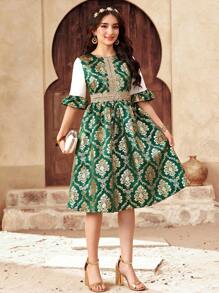 SHEIN Dark Green Glamorous Patchwork Gold Floral  Dress, Princess Style Dress For Teen Girls - Dark Green - View 3