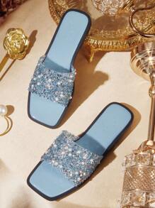 CUCCOO TILAWA New Women Outdoor Flat Sandals, Square Toe Rhinestone Silver Slippers, Casual Comfortable Party And Work Summer Shoes, Thick Sole Anti-Skid Slides Spring Shoes Spring Break Easter - Blue - View 1