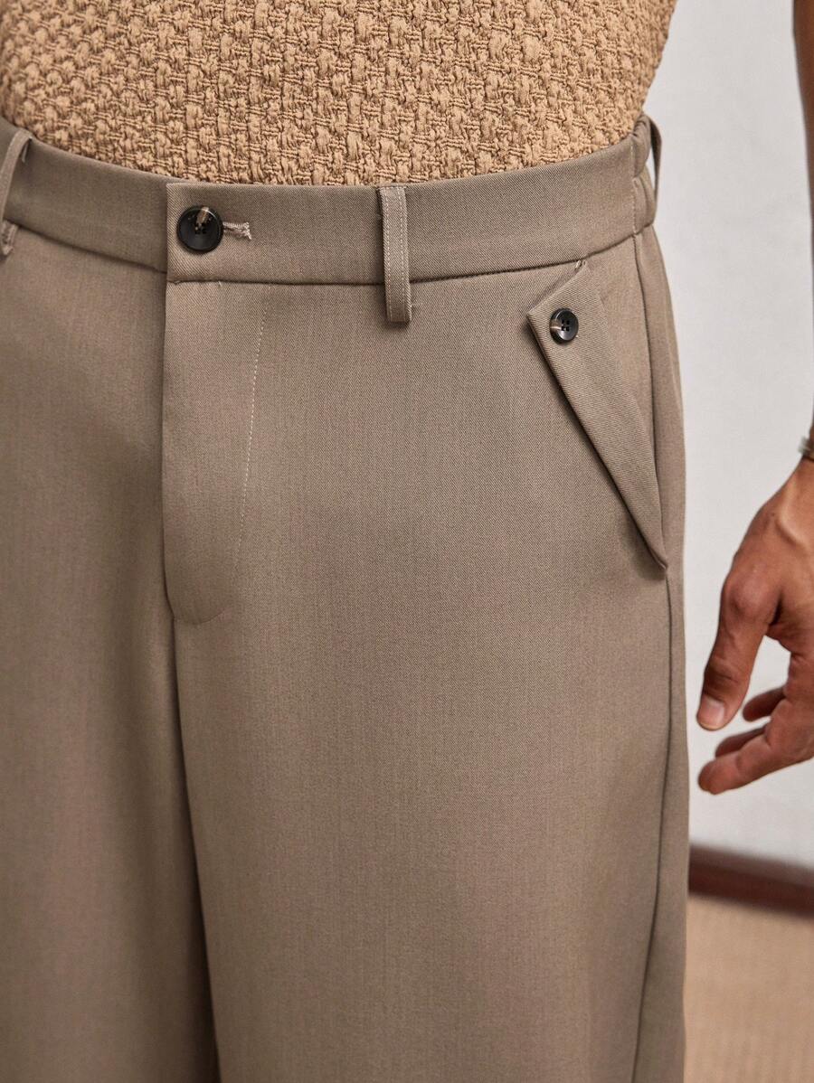 AKNOTIC Business Casual 男士卡其色翻盖口袋字母金属装饰编织休闲长款中腰 O 形环腰带裤，适合日常穿着、春夏季、度假、毕业礼物 - 卡其色 - 查看 1